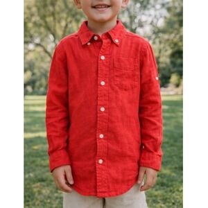 Janie and Jack Boys 100% Linen Shirt Size 6 Red Button Up Collared Casual